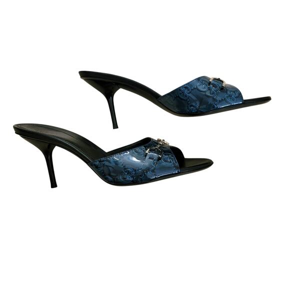 Vintage Gucci Horsebit GG Logo Blue Black Leather Slip-On Mule Heels 37.5 / 7.5 - Picture 10 of 13
